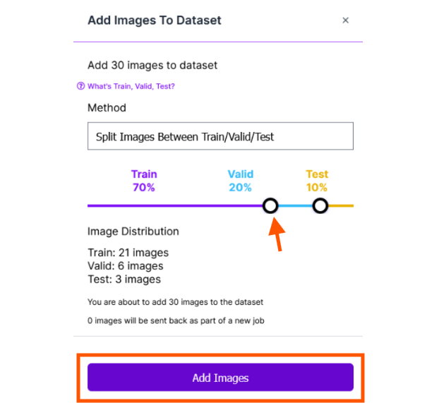 標註完成後點選「Add images to Dataset」，可以調整資料集的分配比例。圓形圖案可以拖拉，通常是訓練資料…